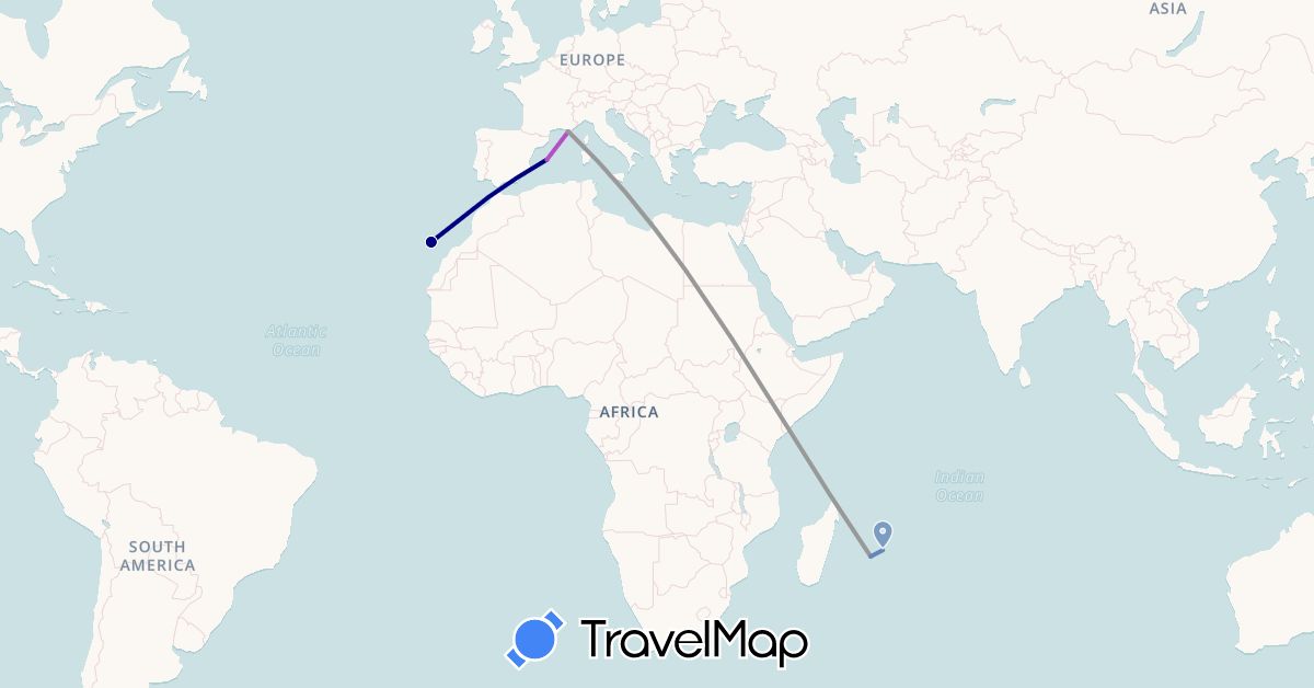 TravelMap itinerary: driving, plane, cycling, train in Spain, France, Mauritius (Africa, Europe)